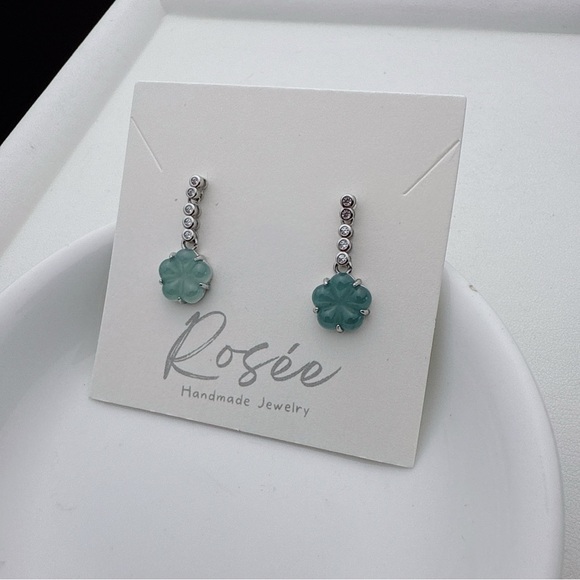 SGE12 S925 Stamped Natural Jadeite Carved Flower Dangling Earrings - Picture 3 of 5